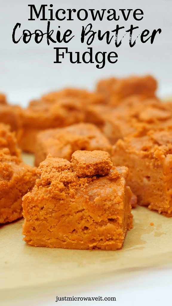 Title image with a close up of squares of Microwave Cookie Butter Fudge